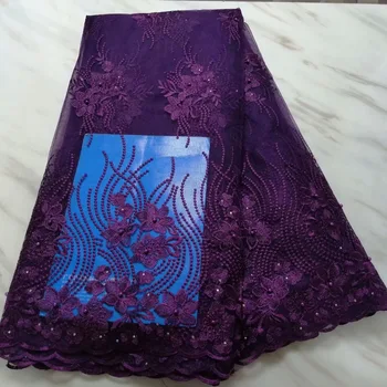 

NEW High Quality 2019 Dark Purple Tulle Beaded French Nigerian Lace Fabrics Pearls Embroidered Guipure African 3d Lace Fabric