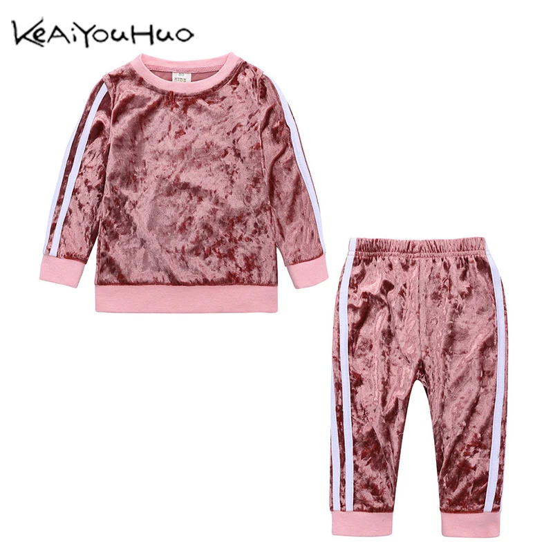 Весенне-осенние комплекты одежды для девочек Зимний Теплый Бархатный Костюм для маленьких детей, футболка с длинными рукавами+ штаны новогодний костюм для детей