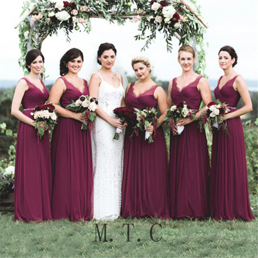 High Quality Purple Long Dresses Bridesmaid A Line Floor Length V Neck ...