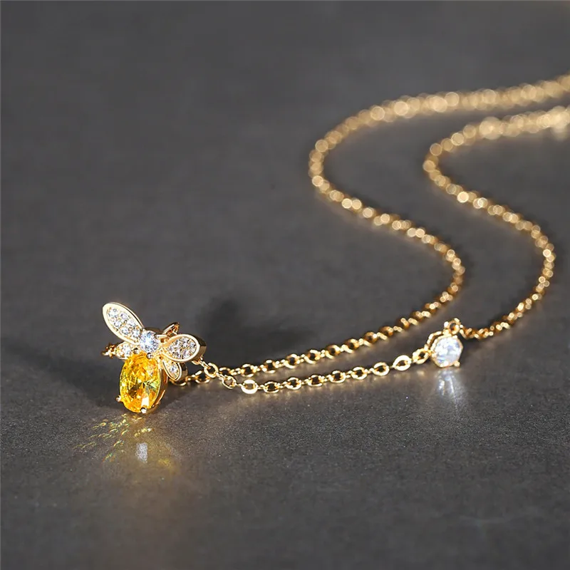 

Hot Sale Bee Insect Pendant Necklace For Women Gift Champagne Zircon Gold Color Chain Necklace Party Engagement Choker Bijoux