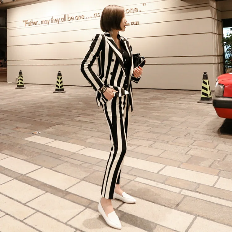 Business suits ladies Slim-fit striped long-sleeved blazer Pants suit High quality office work women's suit Two-piece set 2019