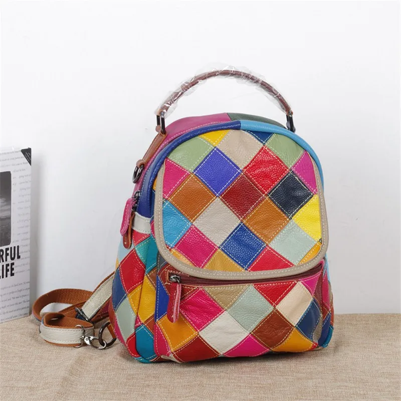 Caerlif women backpack new 2016 leather backpack grid color multi purpose bag women backpack leather genuine