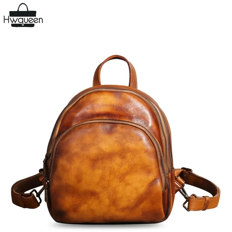 

Vintage Designer Hand Painting Genuine Cow Leather Ladies Retro Brown Small Backpack Cowhide Female Girls Mini TRAVEL Back Pack