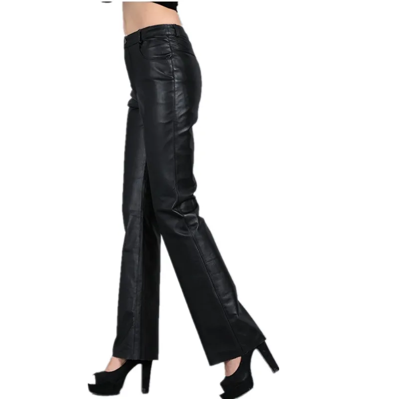 2019 Women's Bell-bottom Leather Pants Suit Genuine Leather Slim Hip Pants Women's Casual Pants 2019 Women's Bell-bottom Leather Pants Suit Genuine Leather Slim Hip Pants Women's Casual Pants