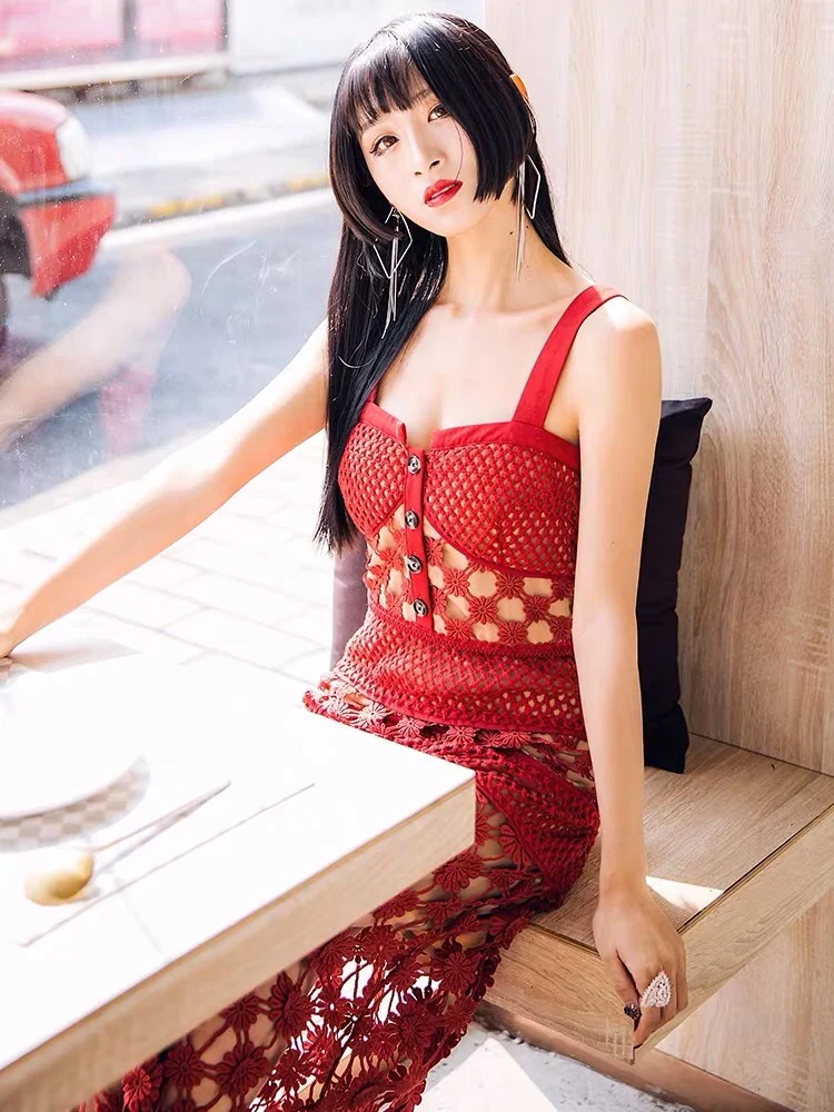 Smthma новое летнее высококачественное платье для автопортретов женское сексуальное красное открытое кружевное длинное платье Бохо шикарное пляжное платье