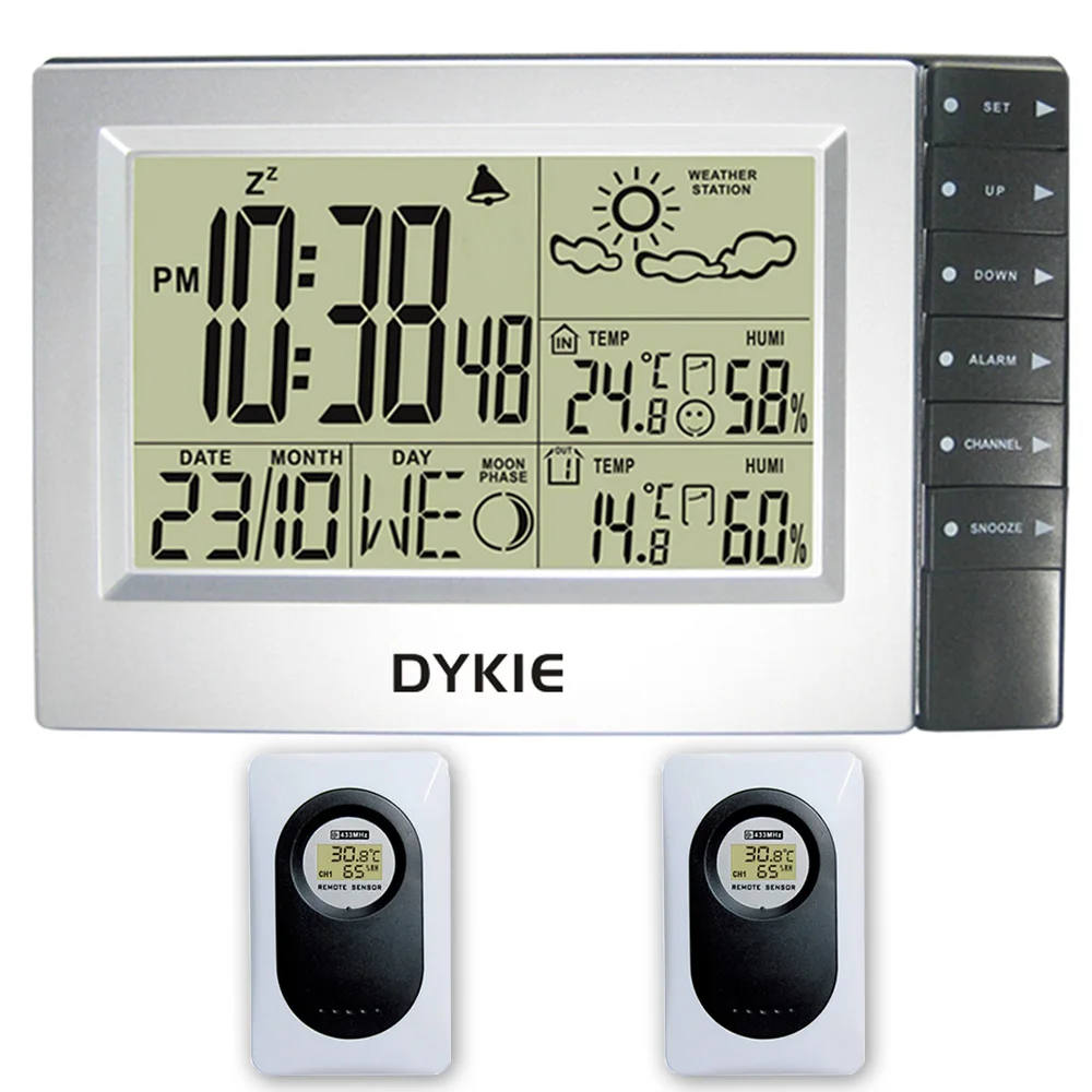 

Weather Station Indoor Outdoor Electronic Clock Temperature Humidity Alarm Clock Thermometer Hygrometer +2 Wireless Tramsmitters