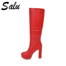 Salu/Сапоги до колена; рыцарские сапоги на высоком толстом каблуке; обувь на платформе; женские сапоги; сезон осень-зима; крутая зимняя обувь