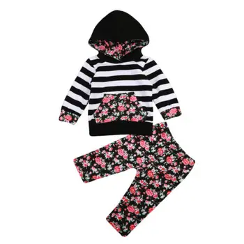 

US STOCK Newborn Baby Girls Floral outfits long Striped Cotton Hooded sweatshirt long floral Pants Outfits Set Clothes for baby