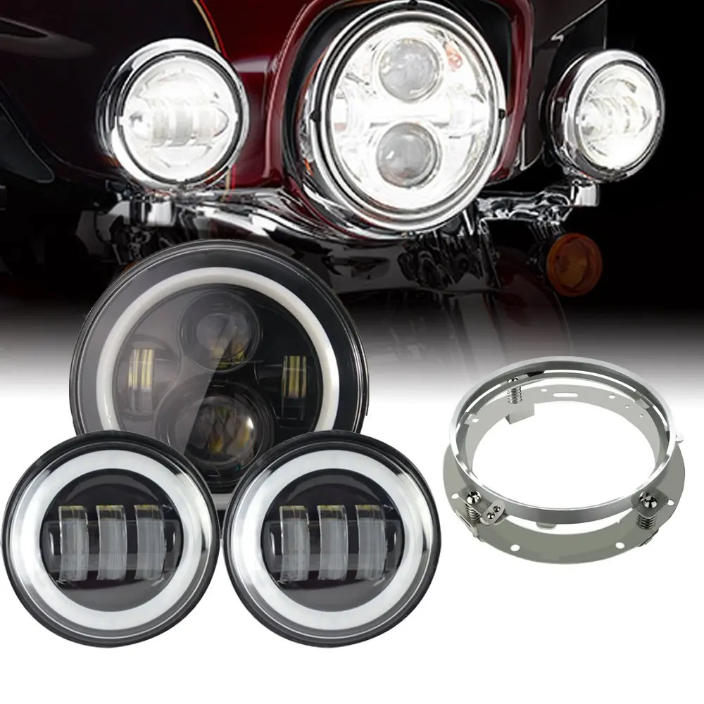  7inch LED Headlight white DRL 4.5inch Halo Fog Lights  Adapter Ring for Harley Touring Electra Glid - 32798377919