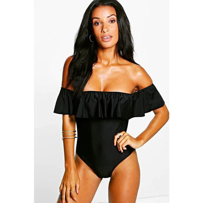 Off Shoulder One Piece Suit Black Bathing Suit Flouncing Swimsuit Women