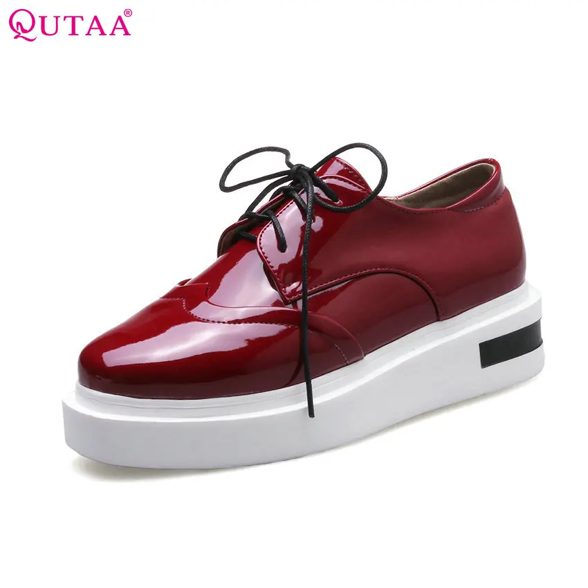 

QUTAA 2018 Women Pumps Ladies Shoe Platform Lace Up Round Toe PU Patent leather Western Style Woman Wedding Shoes Size 34-43