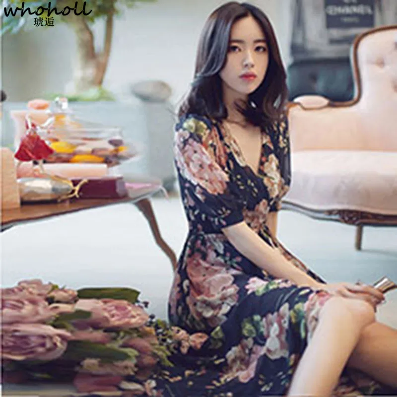 

WHOHOLL Large Size 5XL Chiffon Dress for Women Printing Flower Long Dresses for Girl Weight of 110Kg 2019 Summer Dress