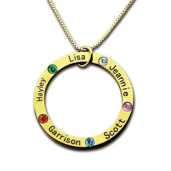 

Wholesale Mom Necklace Gold Color Family Name Necklace Engraved Kids Name Pendant Birthstone Mother Necklace