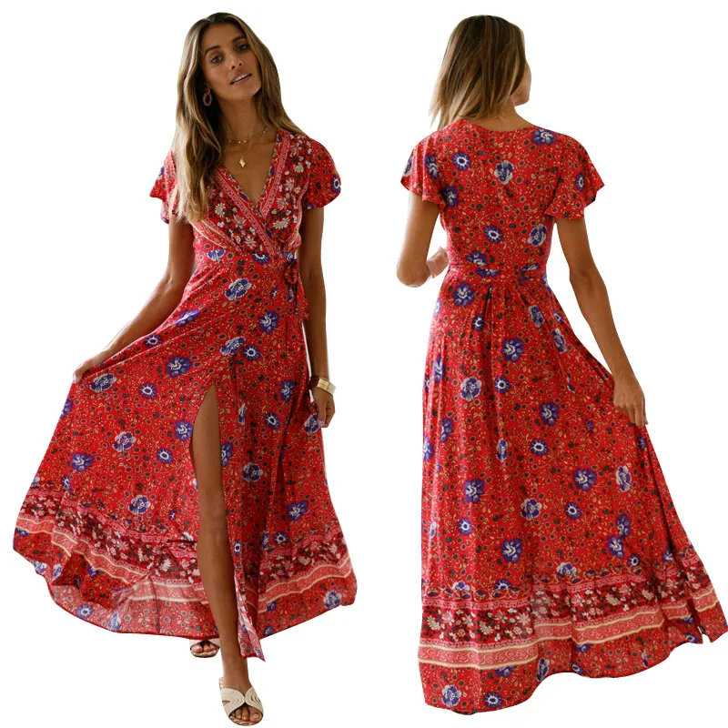 

2019 Summer Short Dress Floral Print Boho Beach Dress Tunic Dress Women Evening Party Dress Sundress Vestidos Lady de festa