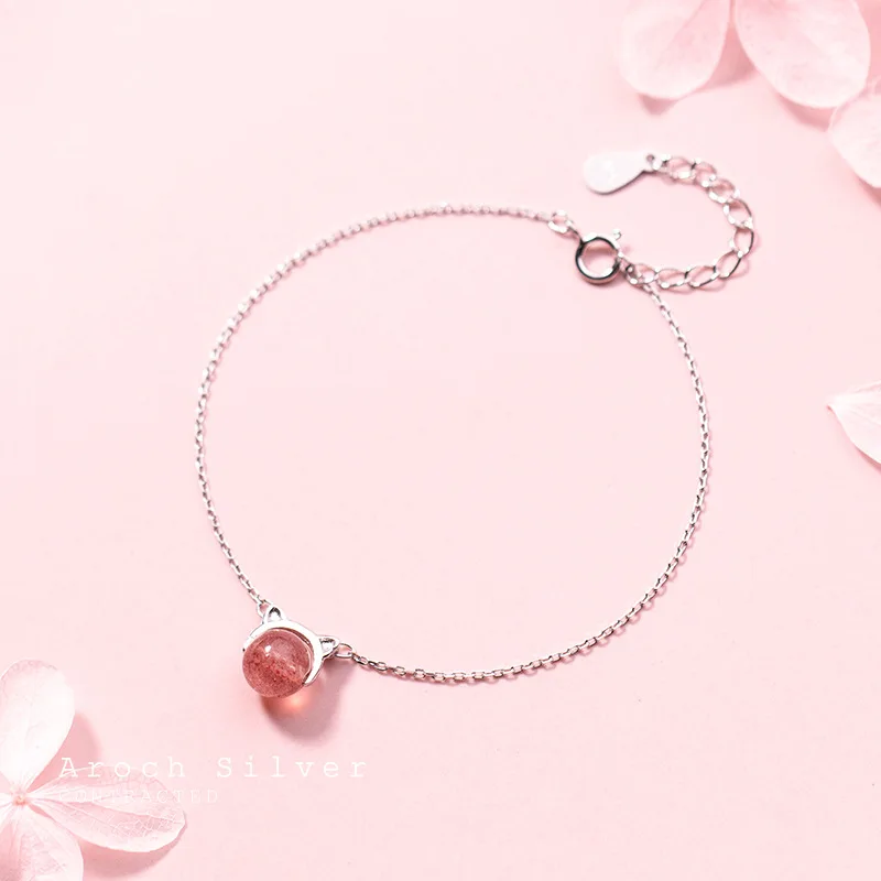 

Cute Pink Color Strawberry Quartz Cat Shape Genuine 925 Sterling Silver Chain Bracelets for Women Fine Jewelry