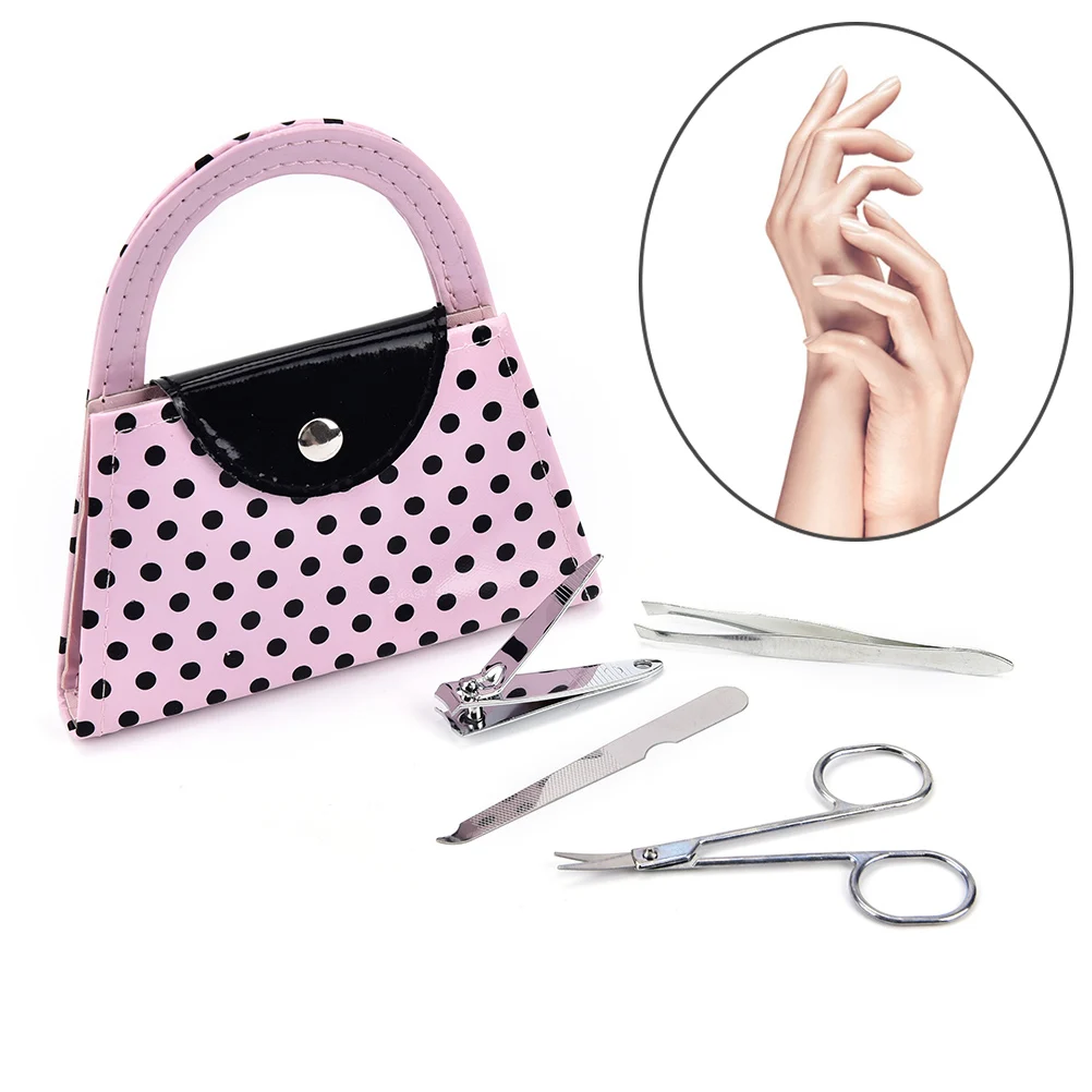 4Pcs/set Dot Purse Manicure Tool Kits Pink Color Dot Purse Manicure