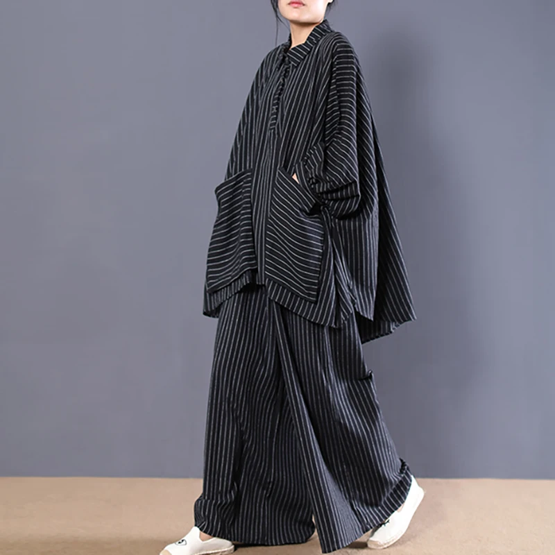 

[EWQ] New Spring Autumn 2020 Fashion Lapel Long Sleeve Single Breasted Striped Shirt Loose Pants Two Piece Set Women QE356