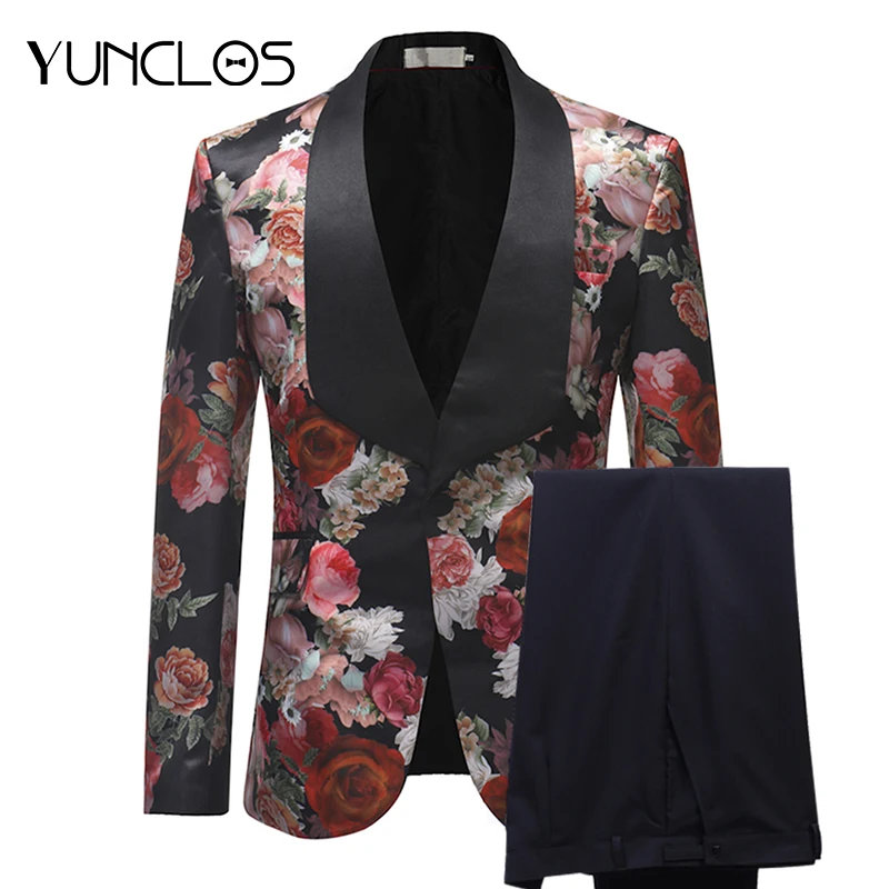 YUNCLOS Terno Masculino New Arrival 2019 Men Suits Burgundy Floral Printed 2 Pieces Set Tuxedo Groomsman Wedding Suits