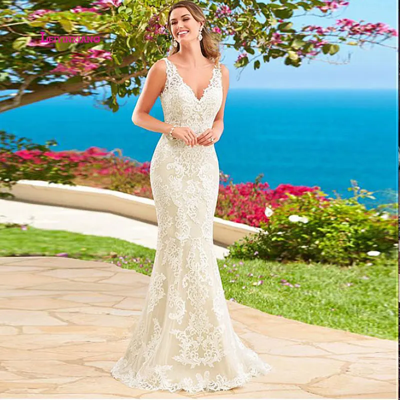

LEIYINXIANG New Arrival Luxury Bride Dress 2019Wedding Dress Vestido De Noiva Sereia Robe Sexy Mermaid Appliques Backless V-Neck