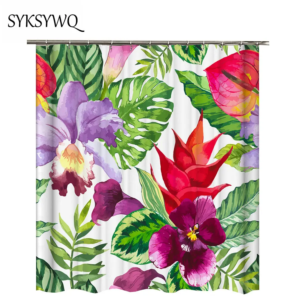 tropical leaves flower shower curtain waterproof fabric curtain bath