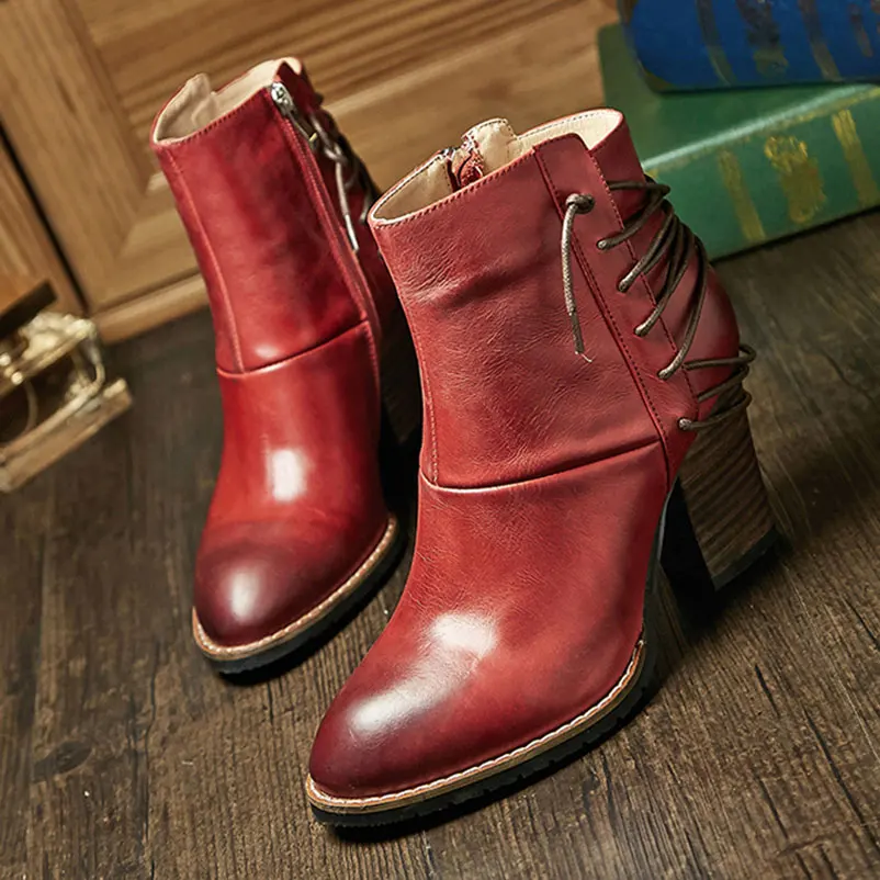 Women Boots Sexy Med Heel Shoes Woman Genuine Leather Ankle Boots Quality Winter Boots European Women Spring Autumn Footwear