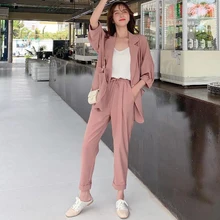 Модные женские брюки, костюмы, полурукав, на одной пуговице, блейзер, куртка и брюки-карандаш на шнурке, повседневные, 2 штуки, набор, Женские рабочие костюмы