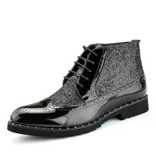 mens casual party nightclub dress bright patent leather brogue shoes carving bullock oxford shoe motorcycle ankle boots zapatos