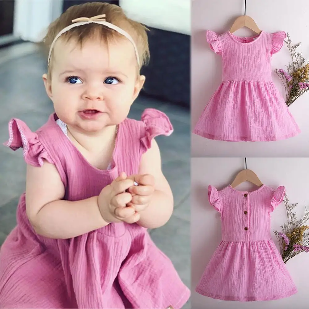 

2019 Summer Toddler Baby Girls Dress Fly Sleeve Solid Print Ruffles Dress