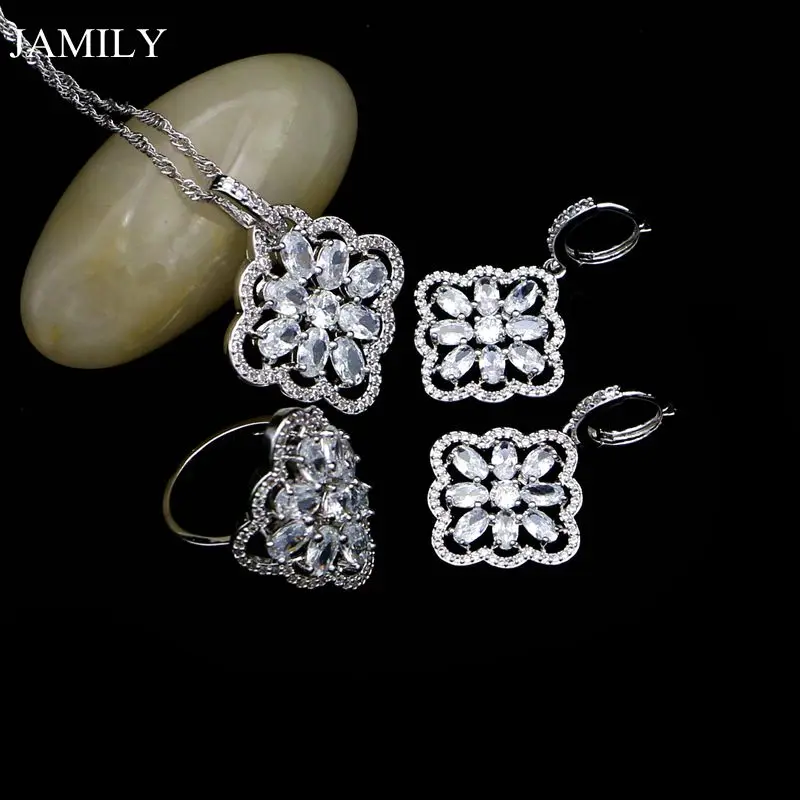 

JAMILY White Crystal 925 Silver Bridal Jewelry Sets For Women Long Earrings/Pendant/Ring/Necklace Decoration For Wedding