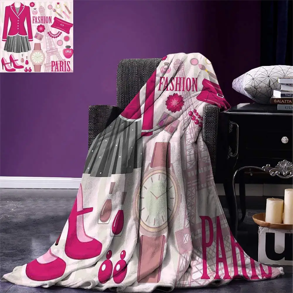 

Girls Throw Blanket Fashion Theme in Paris with Outfits Dress Watch Purse Perfume Parisienne Landmark Warm Microfiber