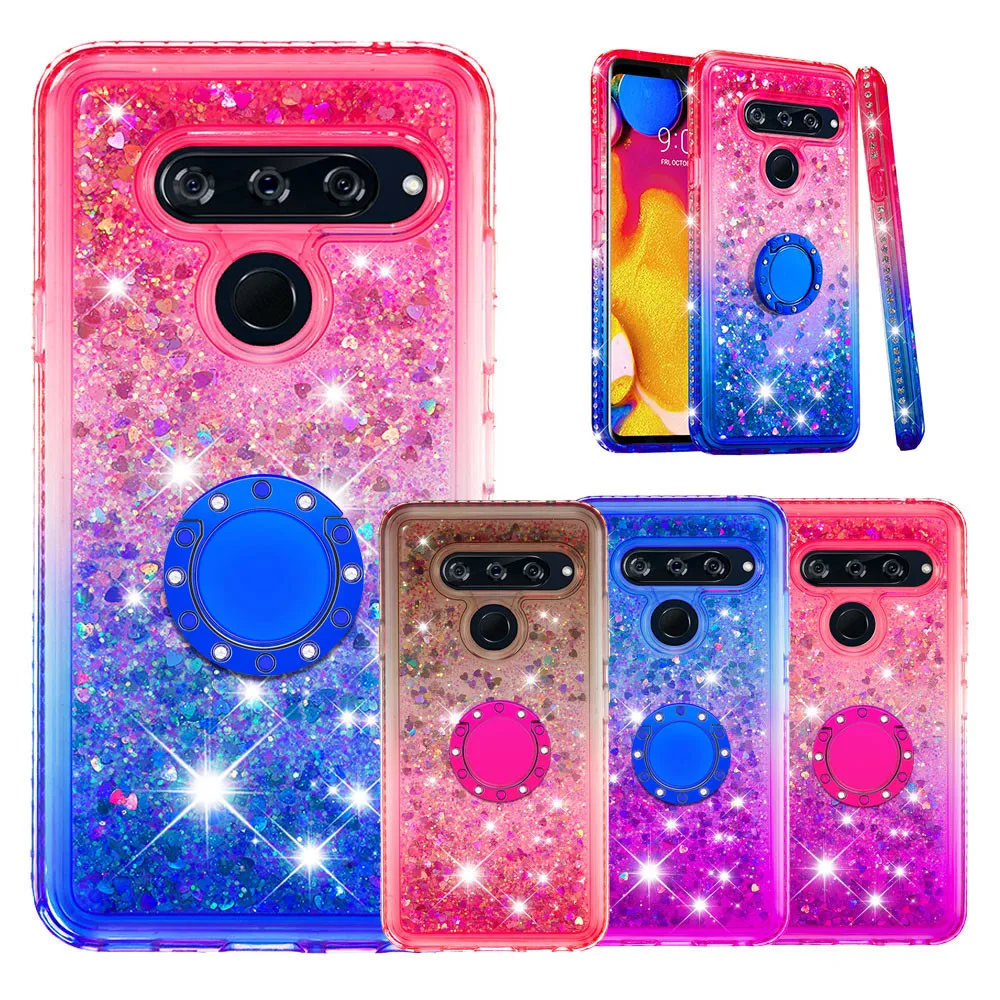 

2019 Ring Buckle Gradient Quicksand Silicone Fitted Case For LG V40 ThinQ 6.4'',Glitter Diamond Soft TPU Cover For LG V40 ThinQ