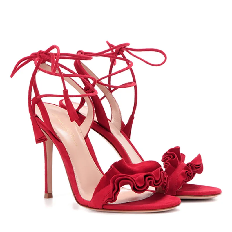 

Choudory Red Black Sexy Sandals Women Ruffles Rose Studded Summer Shoes High Heels Sandalias Ankle Strap Gladiator Sandals Woman