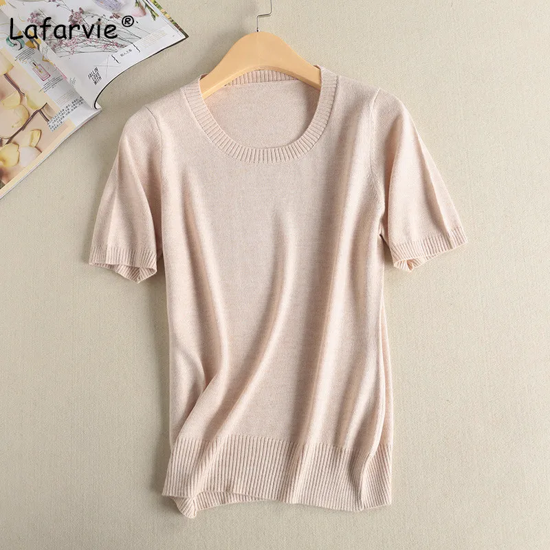 Lafarvie Cashmere Blended Knitted Sweater Women Tops Summer O-neck Short Sleeve Soft Comfortable Solid Color Shirt Sweater Pull Sweaters