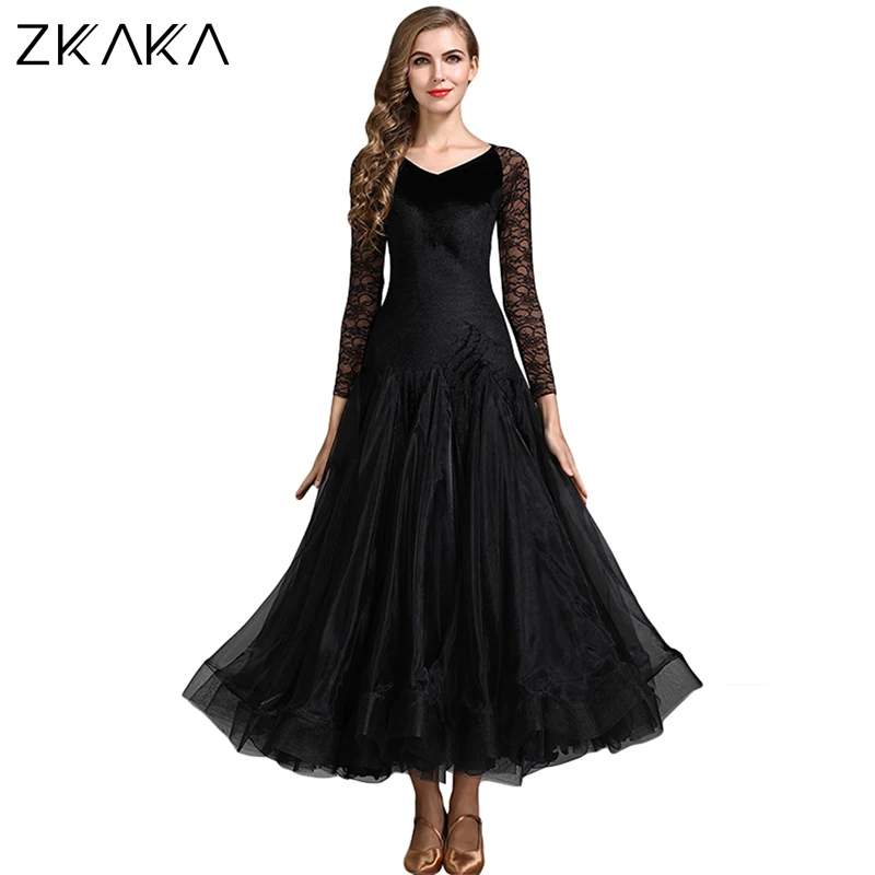 

ZKAKA Long Sleeves Ballroom Dance Dress Big Swing Ballroom Rhinestone Velvet Dresses