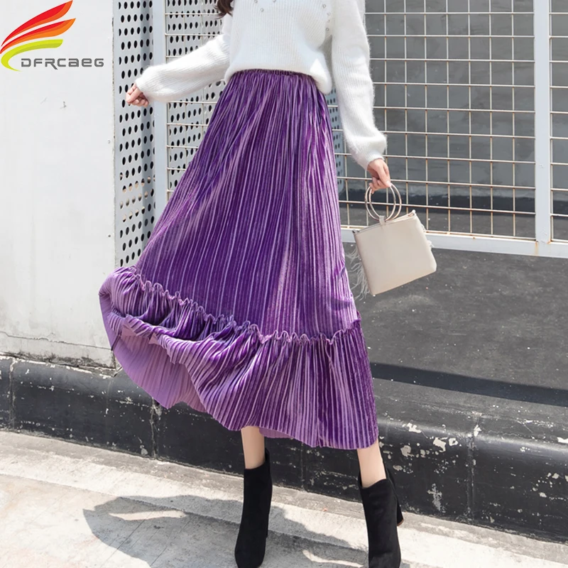 Falda larga mujeres Otoño Invierno 2018 nueva Alta Calidad del terciopelo alta cintura elástico una línea Falda plisada 7 colores jupe longue faldas AliExpress Ropa de mujer