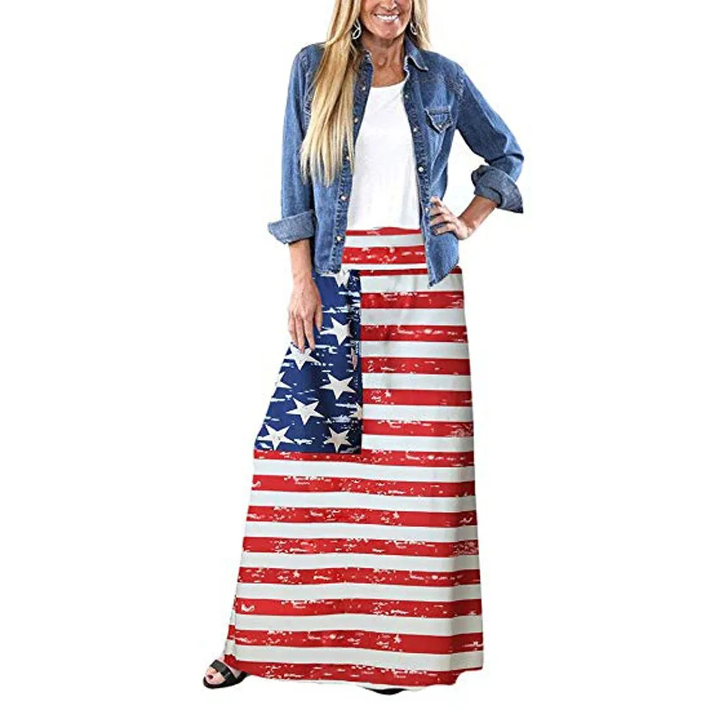 Wkirt юбки с высокой талией женские s женские плиссированные юбки в полоску летние богемные с принтом в виде американского флага длинные