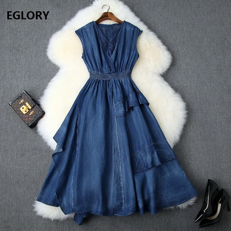 

High Quality Denim Dress 2019 Summer Casual Ladies V-Neck Lace Patchwork Ruffle Patchwork Sleeveless A-Line Blue Jeans Dress