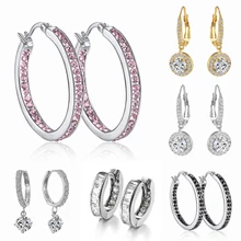 Серьги для женщин серебристый цвет прозрачный розовый камни обручальные австрийский кубический цирконий серьги-кольца модные ювелирные изделия лучший подарок