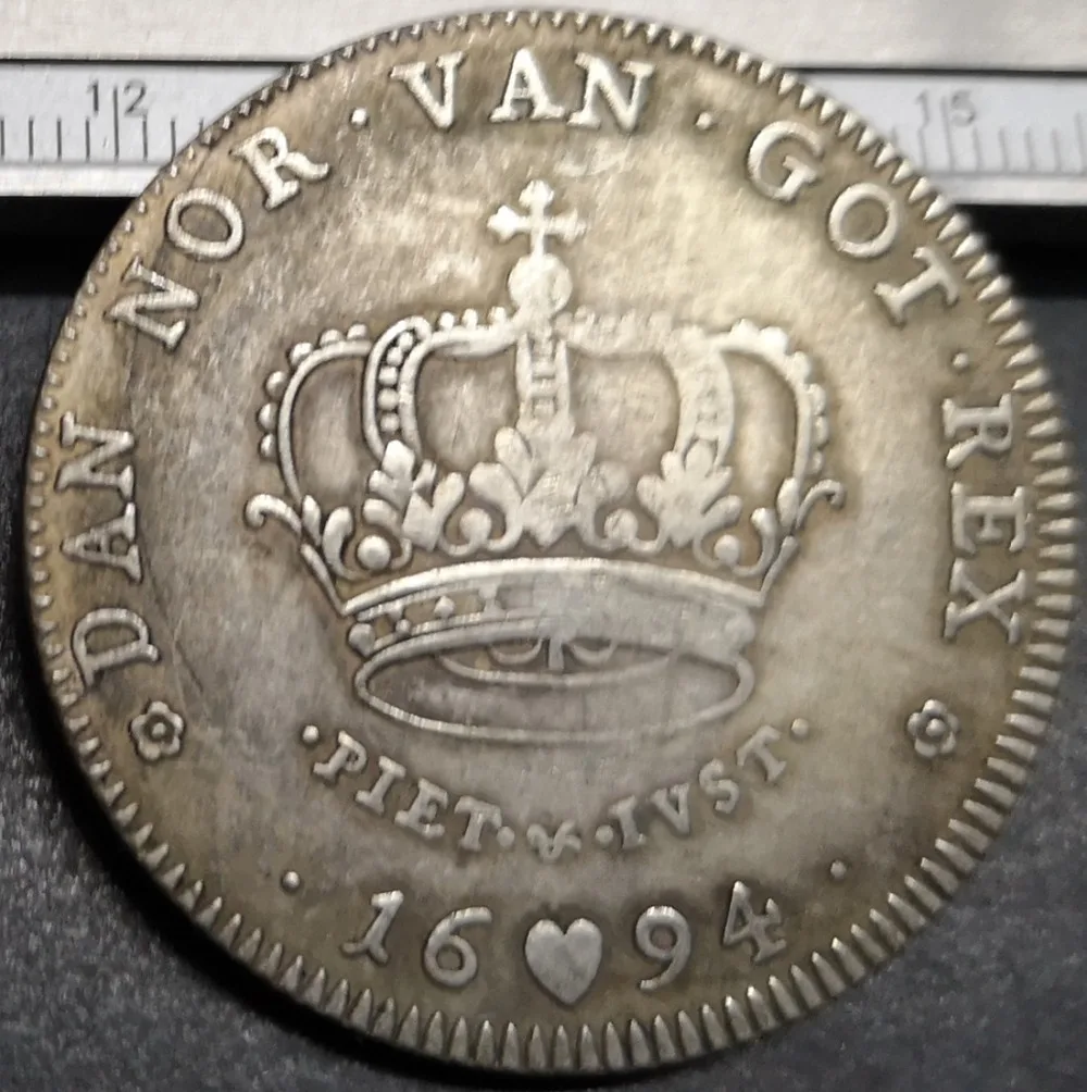1694 Дания 1 Krone-Christian V Посеребренная Имитация монеты