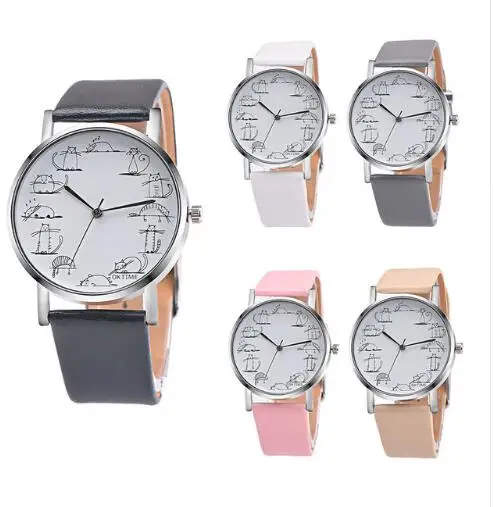 

Simple fashion clock funny Cat Crystal Imitation Leather Quartz Wristwatch creative lovely animal bracelet simple casual clock