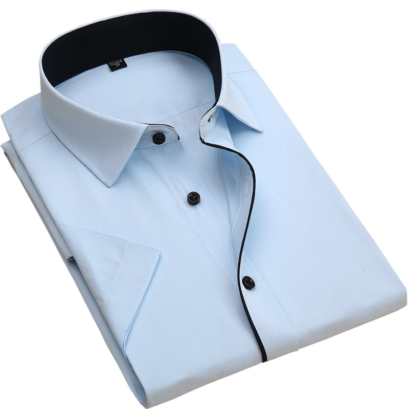 

2018 Summer Style short sleeve twill men shirts striped shirt men turn-down collar slim fit dress shirts male no chest pocket