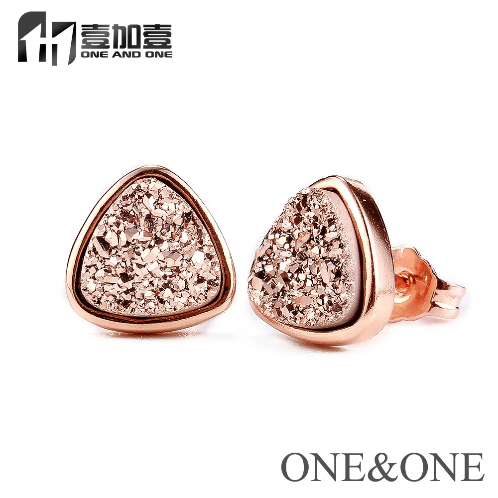 

Trend rose gold earrings Natural Druzy Stone Triangle shape 8*8*8mm opal Stud Earrings drusy agat e For Women/Girls