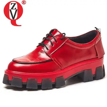 

ZVQ Boat shoes outdoor hiking woman's shoes red black white cow leather spring autumn student Walking flats platform shoes