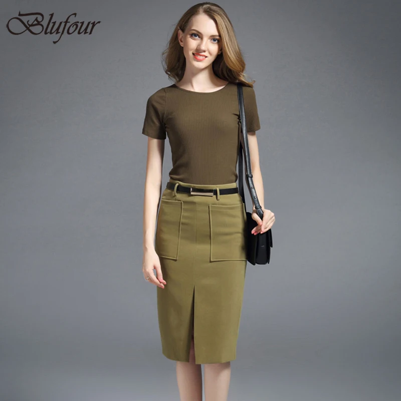 

New Military 2018 Short Sleeve 2 Piece Set Women Knitted Blouse Top & Pencil Skirt Fashion Ladies Elegant OL Style Twopiece