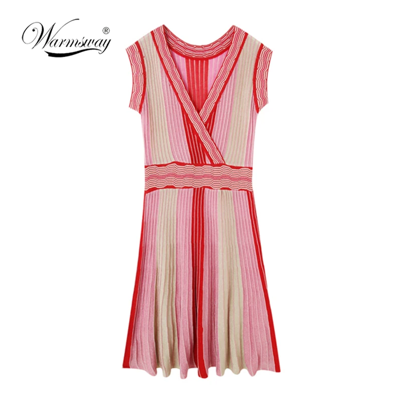 Summer New Fashion Women Striped Knitted Dress Gradient Color Lurex Sexy V-neck Sleeveless Dresses Haute Couture  C-166