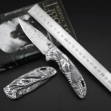 Складной охотничий нож серебряный дракон Дамасская сталь походный карманный нож Открытый тактический нож инструмент 60HRC Лев волки DM003