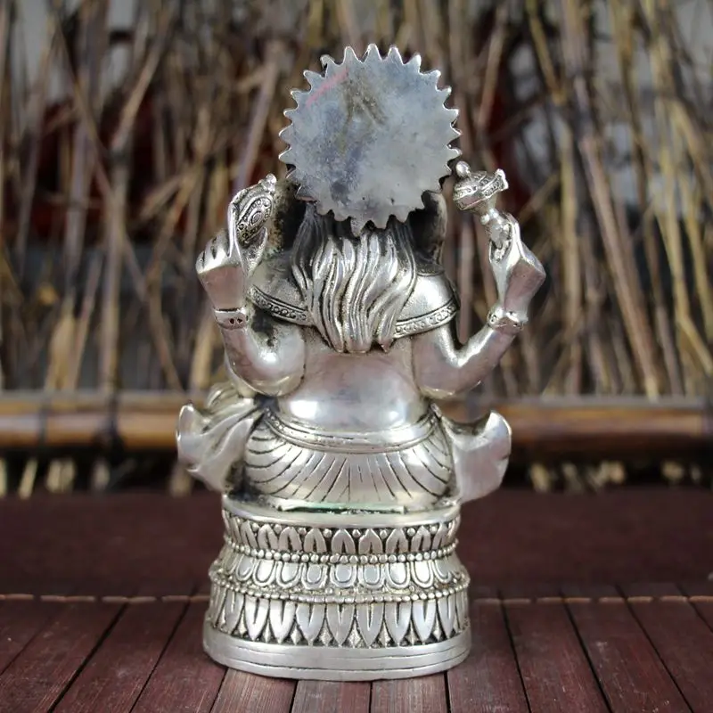 China old Feng Shui ornaments white Copper Silver plating Four hand elephant god 