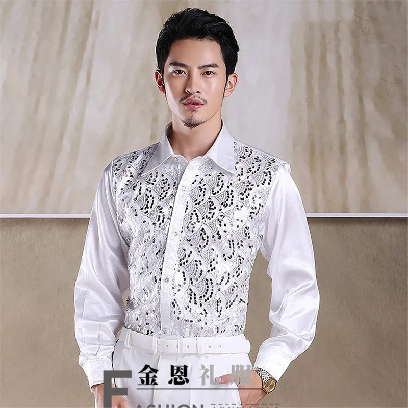 

White Men Shinning Sequin Decoration Long Sleeve Stage Performance Shirts Weeding Evening Tuxedo Shirts for Man 2018