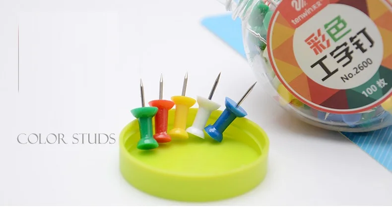 

High quality 100pcs/set color Plastic Tacks Push Pins Assorted Making Thumb Tacks Cork Board Office School Stationery Supplies