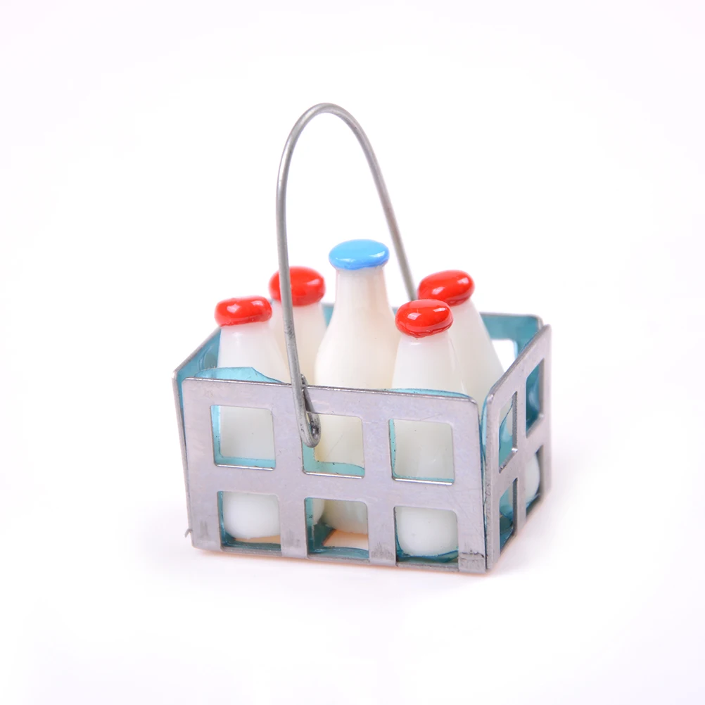 4 Milk Bottles in Basket Dollhouse Miniature Furniture 1/12" Scale Access A3Q1 